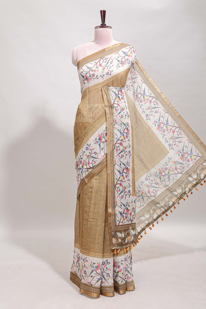 Sandal floral & bird motif bottom with checked body linen cotton saree, self zari border and matching blouse