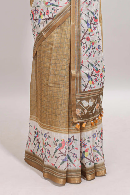 Sandal floral & bird motif bottom with checked body linen cotton saree, self zari border and matching blouse