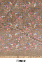 Sandal floral & bird motif bottom with checked body linen cotton saree, self zari border and matching blouse