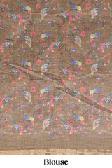 Sandal floral & bird motif bottom with checked body linen cotton saree, self zari border and matching blouse