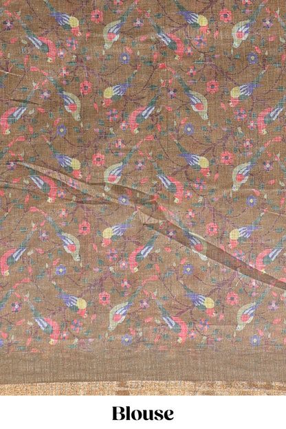 Sandal floral & bird motif bottom with checked body linen cotton saree, self zari border and matching blouse
