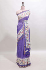 Violet floral & bird motif bottom with checked body linen cotton saree, self zari border and matching blouse