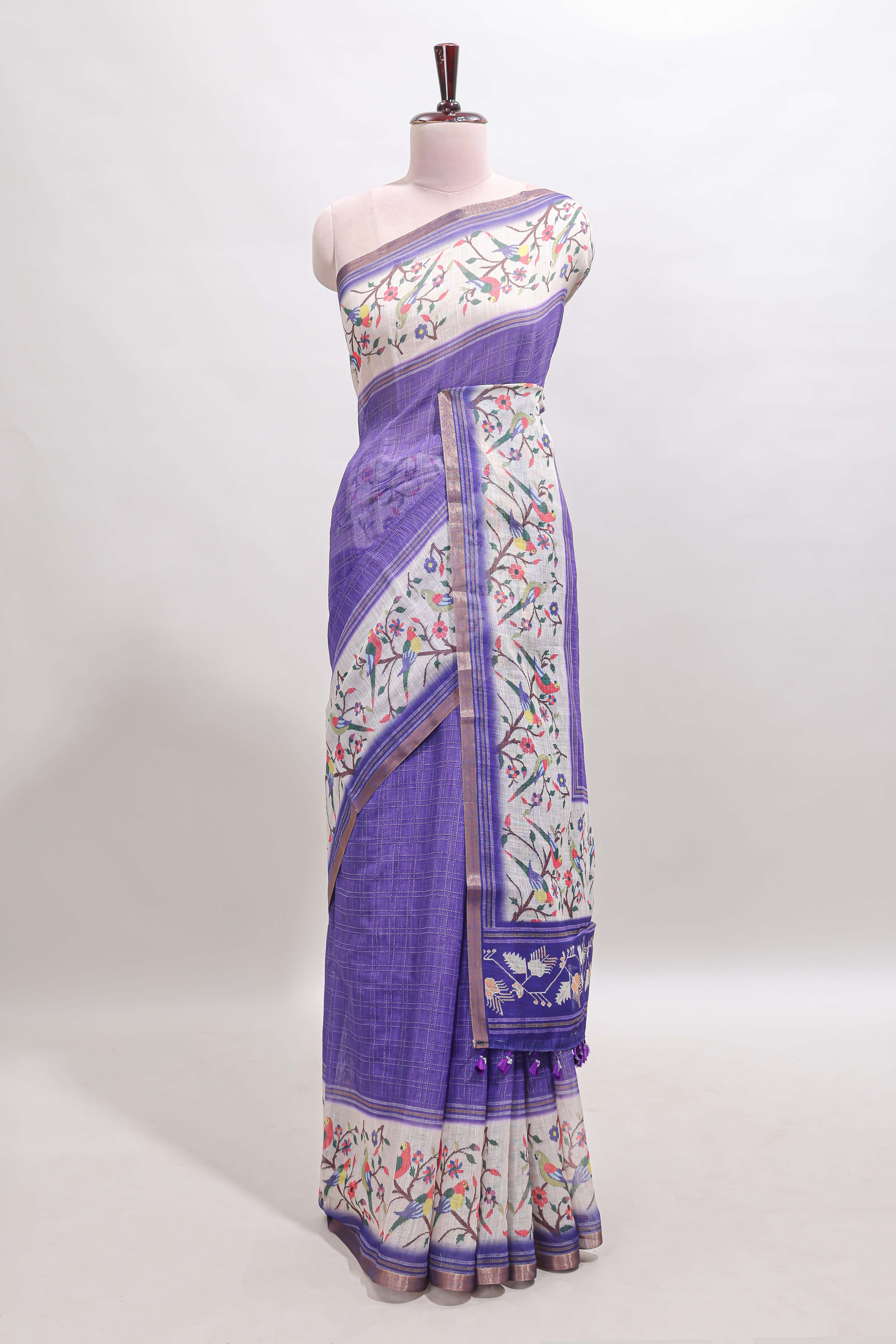 Violet floral & bird motif bottom with checked body linen cotton saree, self zari border and matching blouse