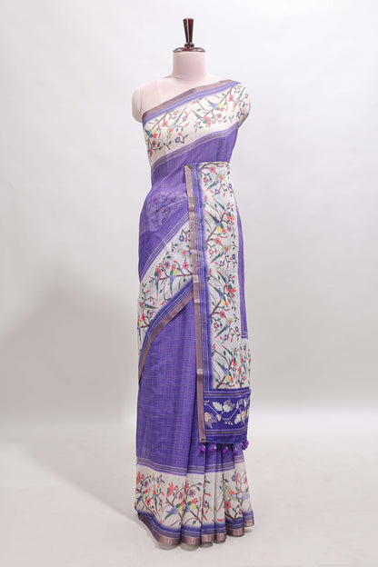 Violet floral & bird motif bottom with checked body linen cotton saree, self zari border and matching blouse