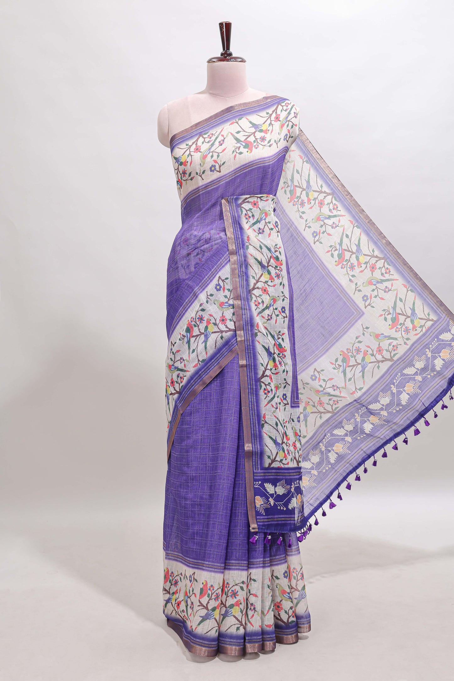 Violet floral & bird motif bottom with checked body linen cotton saree, self zari border and matching blouse