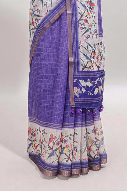 Violet floral & bird motif bottom with checked body linen cotton saree, self zari border and matching blouse