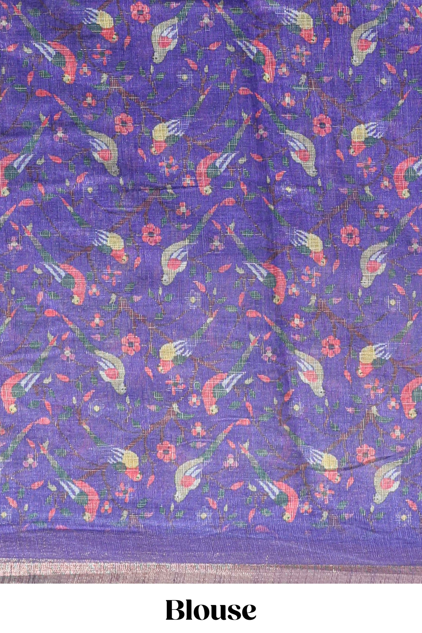 Violet floral & bird motif bottom with checked body linen cotton saree, self zari border and matching blouse