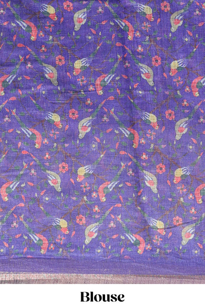 Violet floral & bird motif bottom with checked body linen cotton saree, self zari border and matching blouse