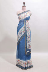 Blue floral & bird motif bottom with checked body linen cotton saree, self zari border and matching blouse