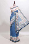 Blue floral & bird motif bottom with checked body linen cotton saree, self zari border and matching blouse