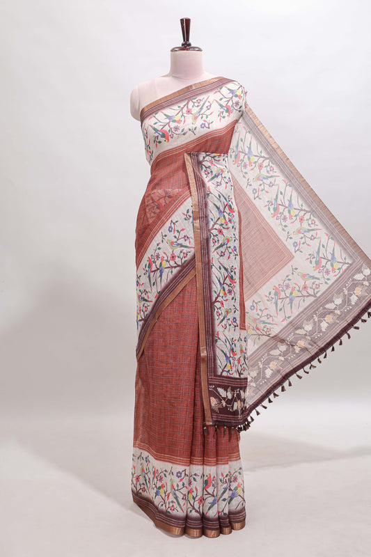 Brown floral & bird motif bottom with checked body linen cotton saree, self zari border and matching blouse
