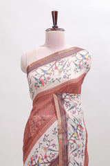 Brown floral & bird motif bottom with checked body linen cotton saree, self zari border and matching blouse