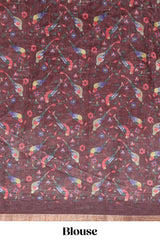 Brown floral & bird motif bottom with checked body linen cotton saree, self zari border and matching blouse