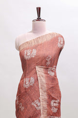 Brown peacock & floral motifs linen cotton saree with contrast border and matching blouse