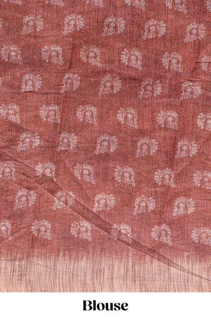 Brown peacock & floral motifs linen cotton saree with contrast border and matching blouse