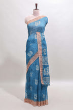 Blue peacock & floral motifs linen cotton saree with contrast border and matching blouse
