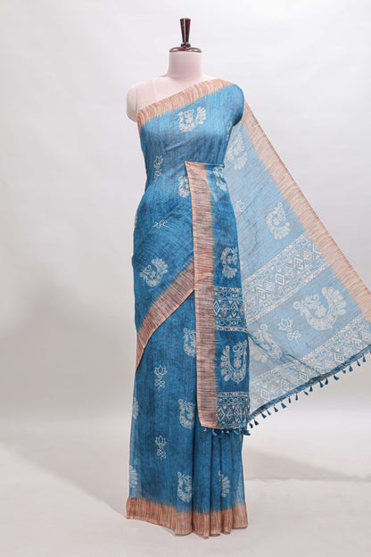 Blue peacock & floral motifs linen cotton saree with contrast border and matching blouse