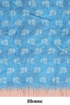 Blue peacock & floral motifs linen cotton saree with contrast border and matching blouse