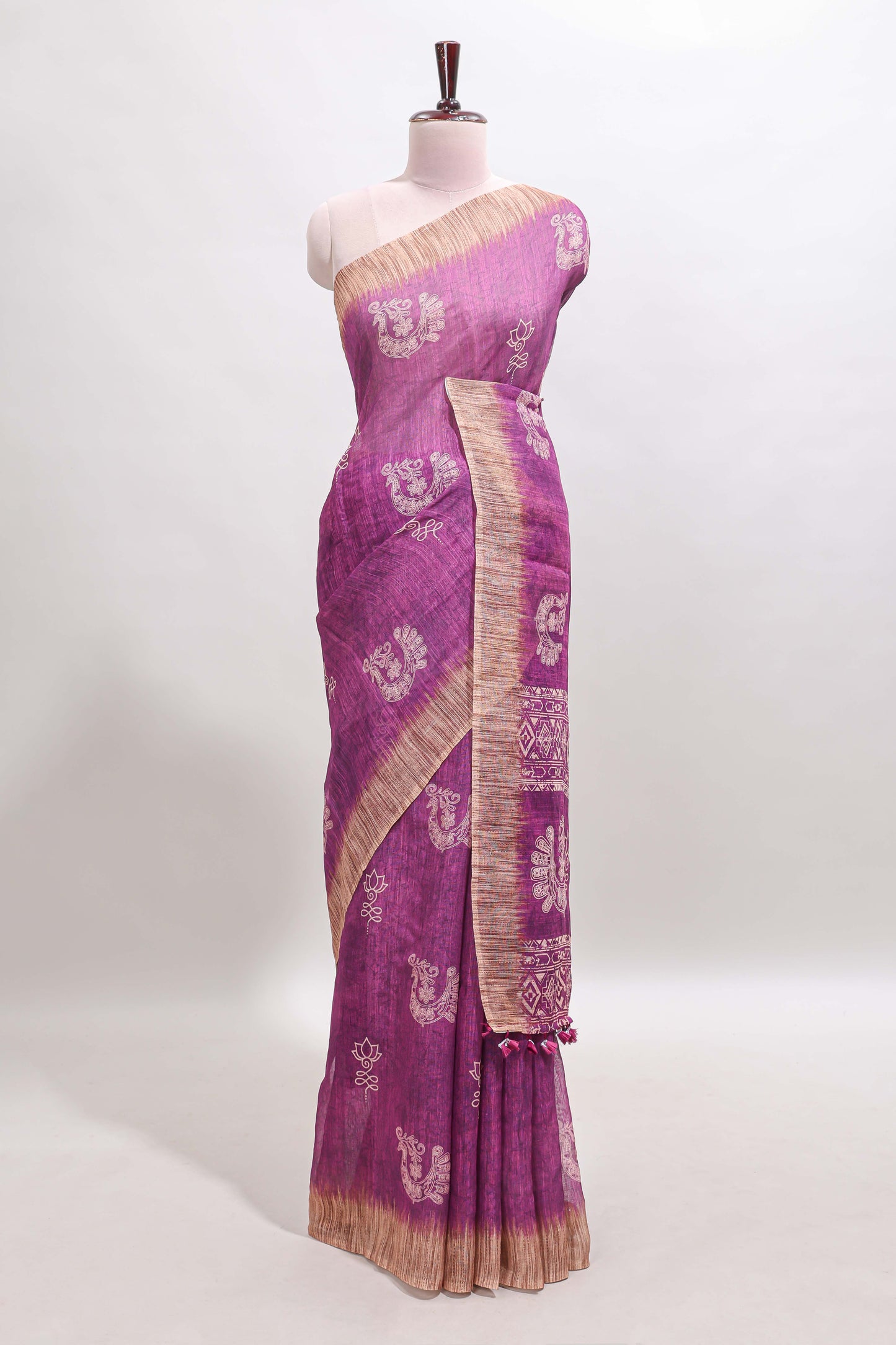 Purple peacock & floral motifs linen cotton saree with contrast border and matching blouse