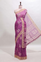 Purple peacock & floral motifs linen cotton saree with contrast border and matching blouse