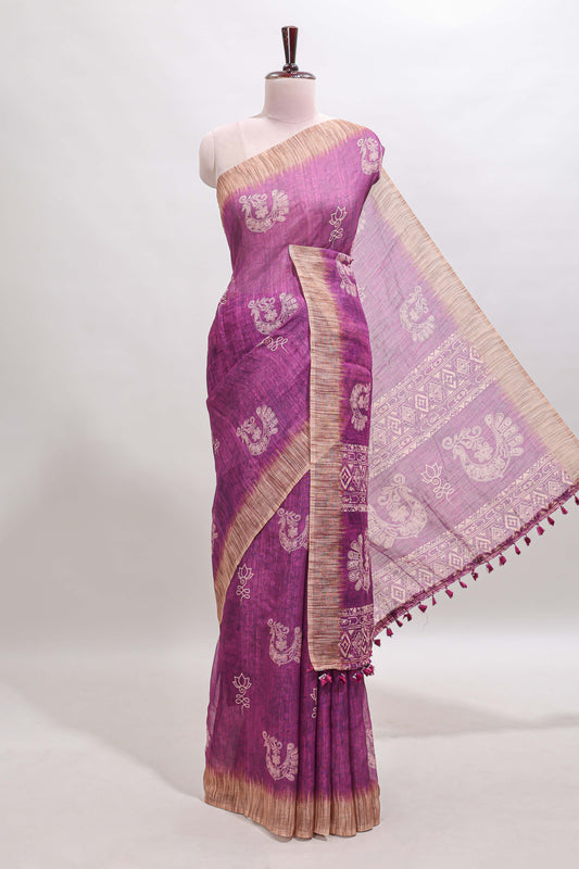 Purple peacock & floral motifs linen cotton saree with contrast border and matching blouse