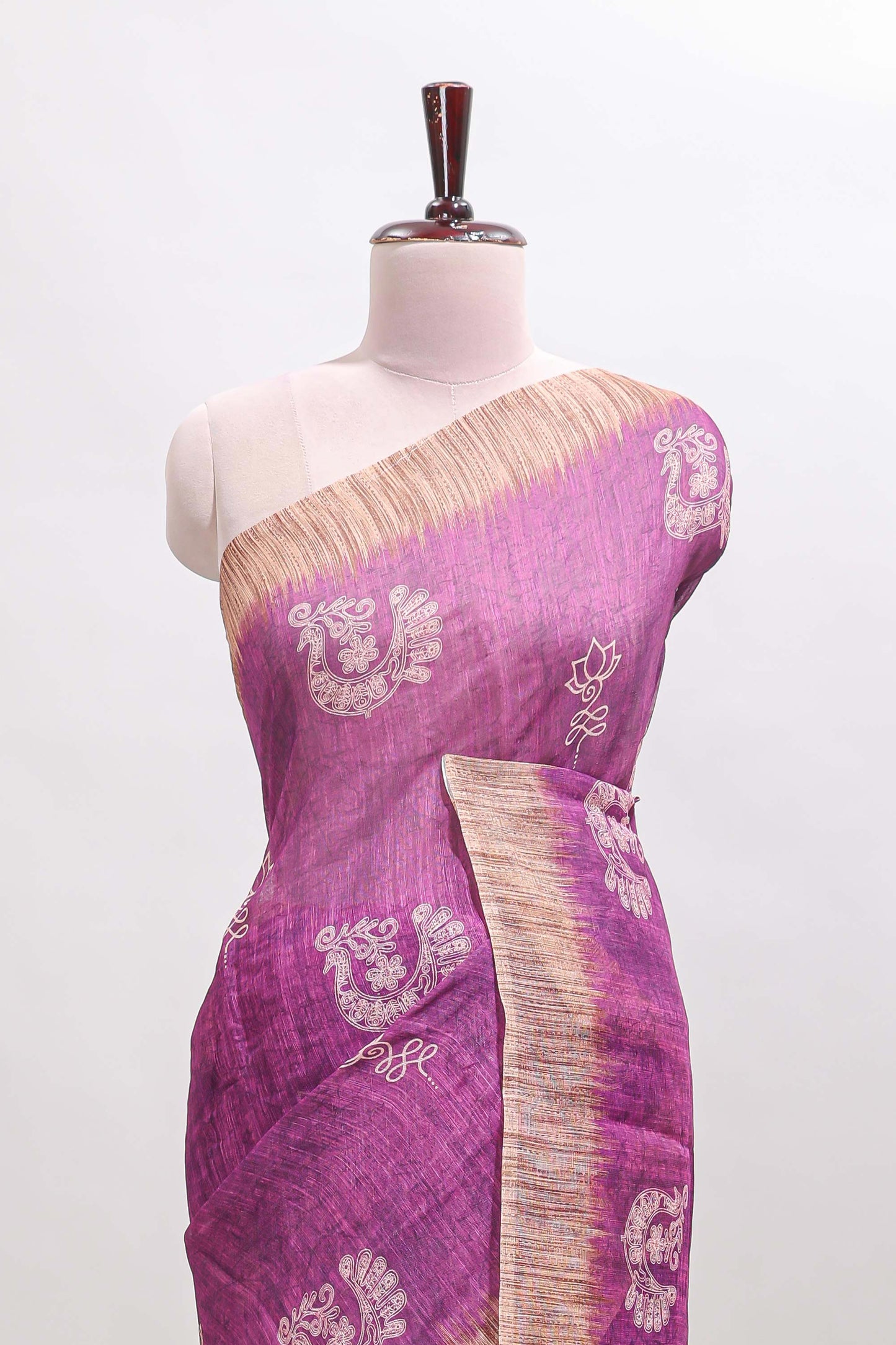 Purple peacock & floral motifs linen cotton saree with contrast border and matching blouse