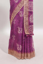 Purple peacock & floral motifs linen cotton saree with contrast border and matching blouse