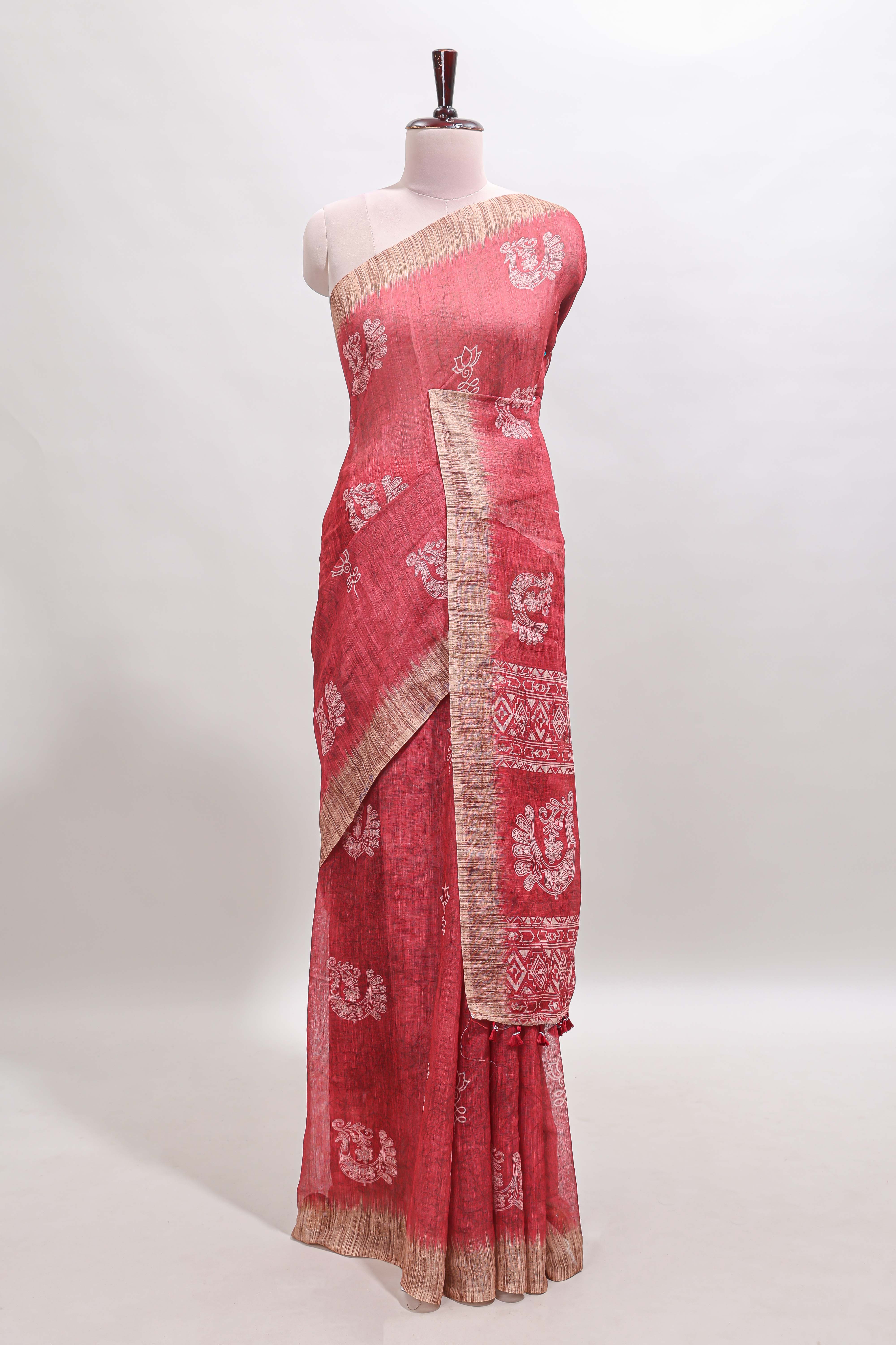 Red peacock & floral motifs linen cotton saree with contrast border and matching blouse
