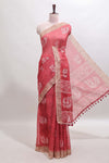 Red peacock & floral motifs linen cotton saree with contrast border and matching blouse