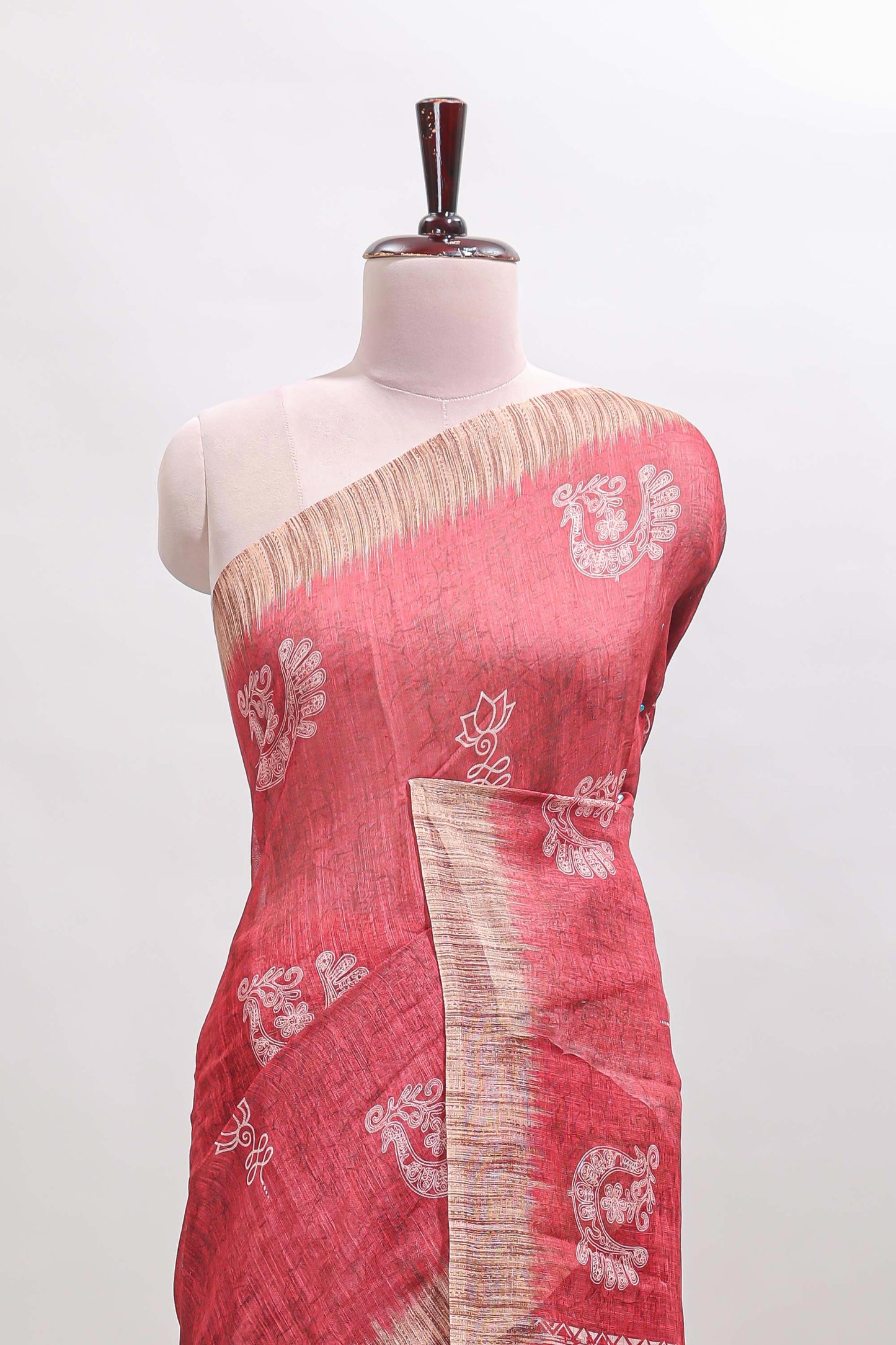 Red peacock & floral motifs linen cotton saree with contrast border and matching blouse