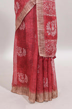 Red peacock & floral motifs linen cotton saree with contrast border and matching blouse