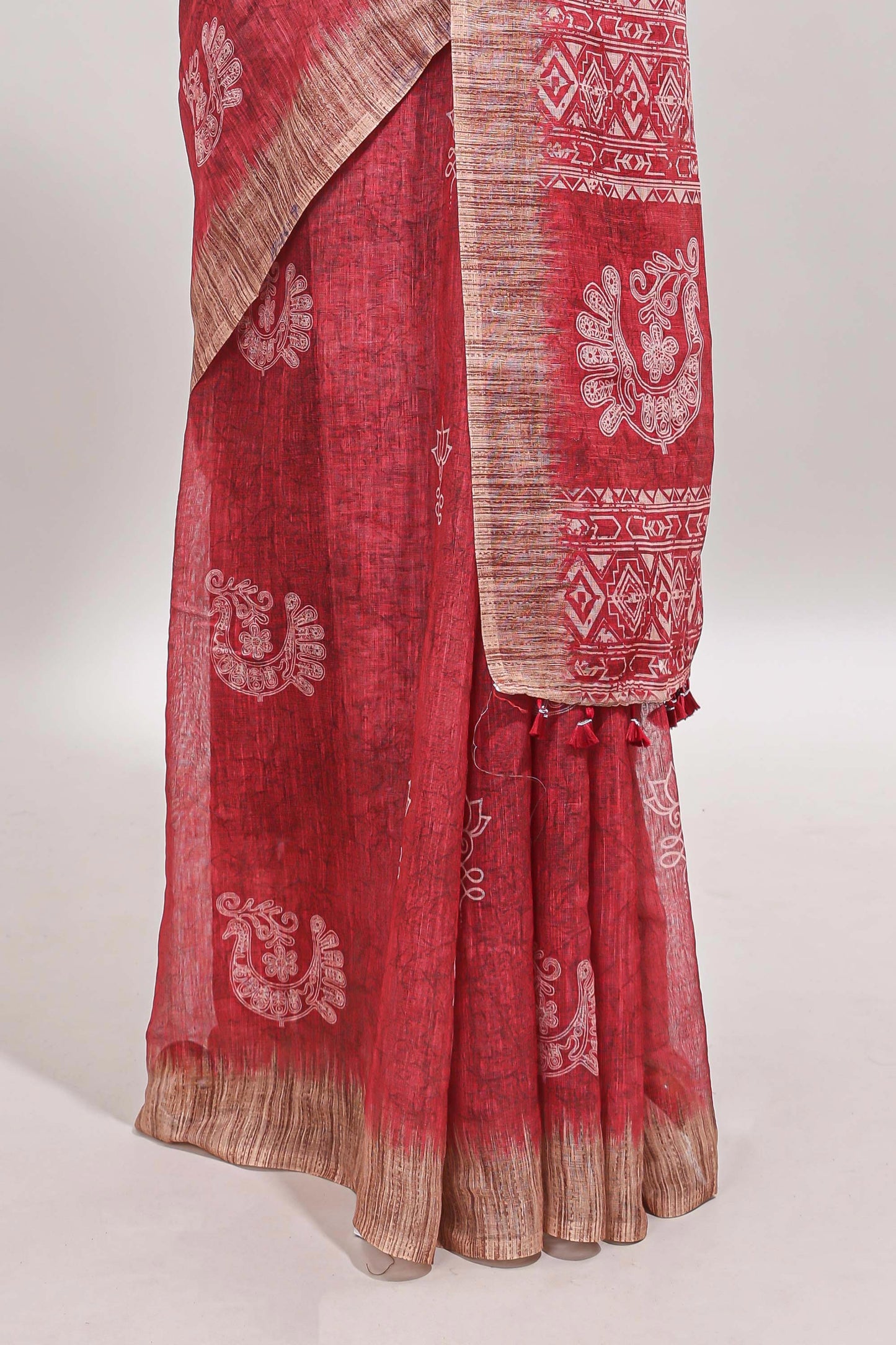 Red peacock & floral motifs linen cotton saree with contrast border and matching blouse