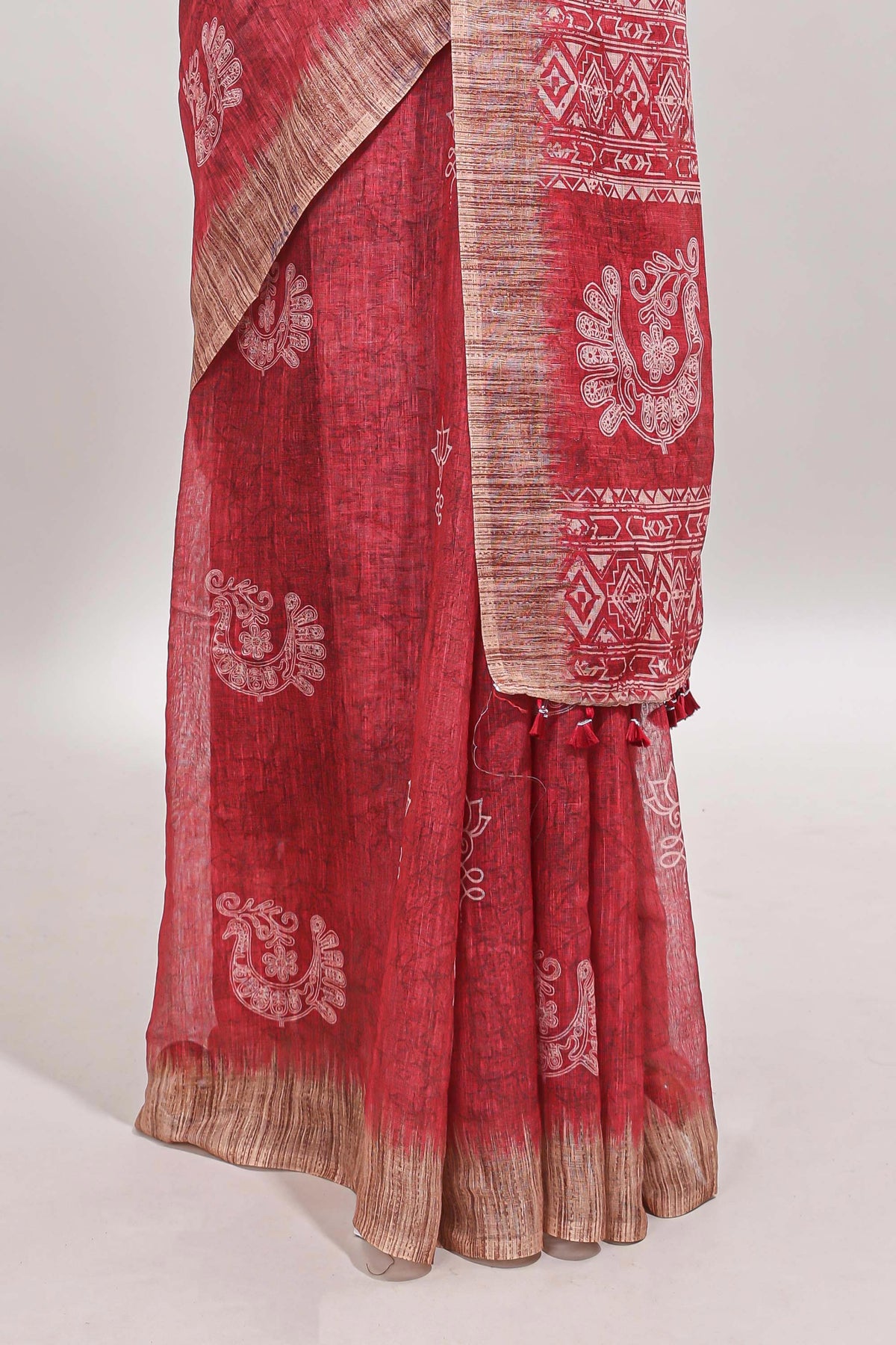 Red peacock & floral motifs linen cotton saree with contrast border and matching blouse
