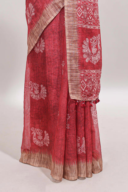 Red peacock & floral motifs linen cotton saree with contrast border and matching blouse