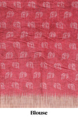 Red peacock & floral motifs linen cotton saree with contrast border and matching blouse
