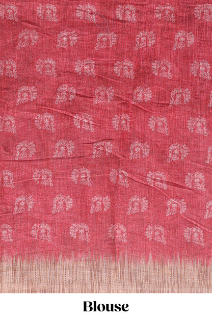 Red peacock & floral motifs linen cotton saree with contrast border and matching blouse