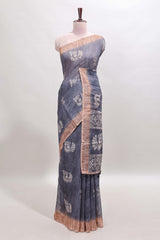 Grey peacock & floral motifs linen cotton saree with contrast border and matching blouse