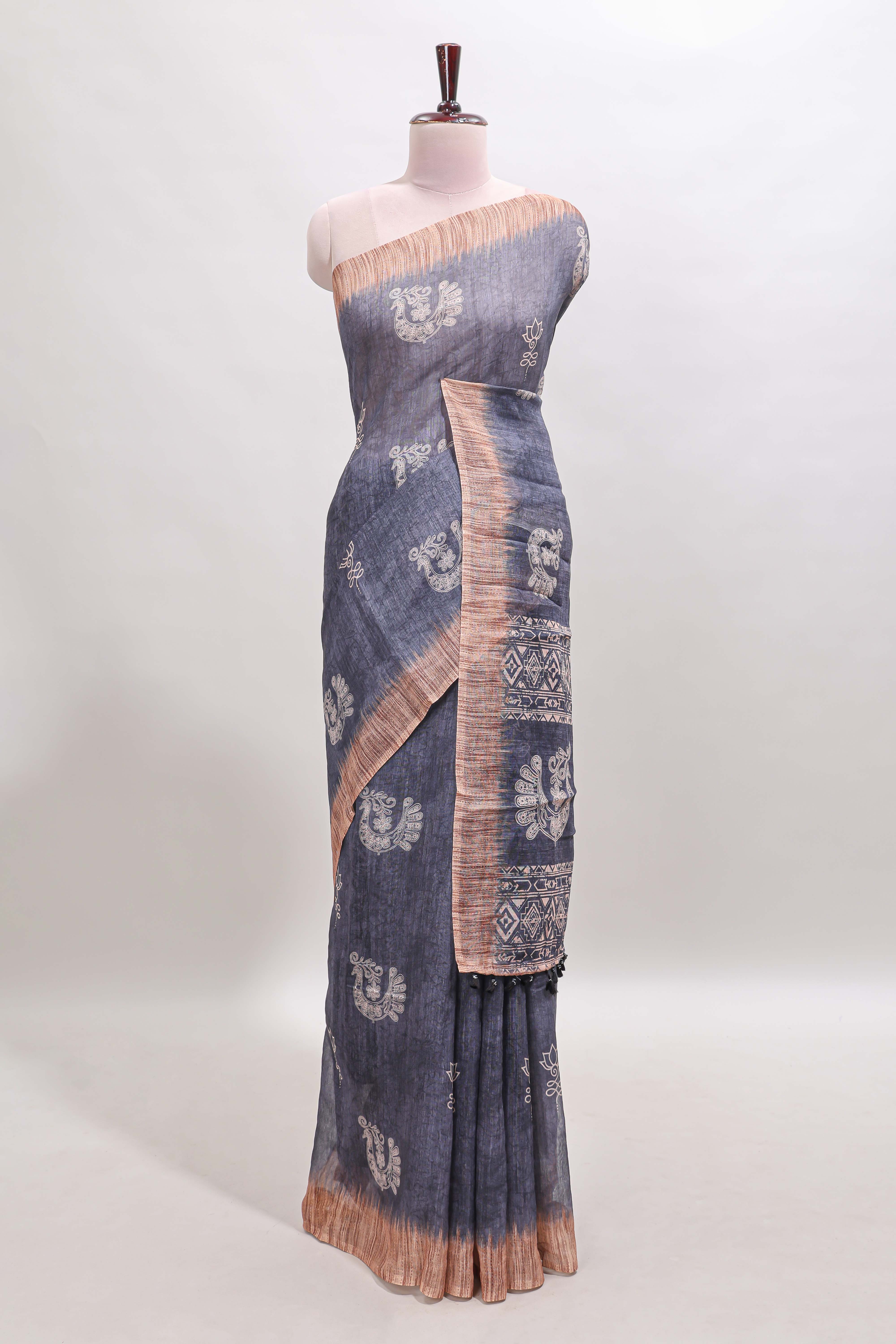 Grey peacock & floral motifs linen cotton saree with contrast border and matching blouse
