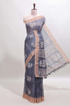 Grey peacock & floral motifs linen cotton saree with contrast border and matching blouse