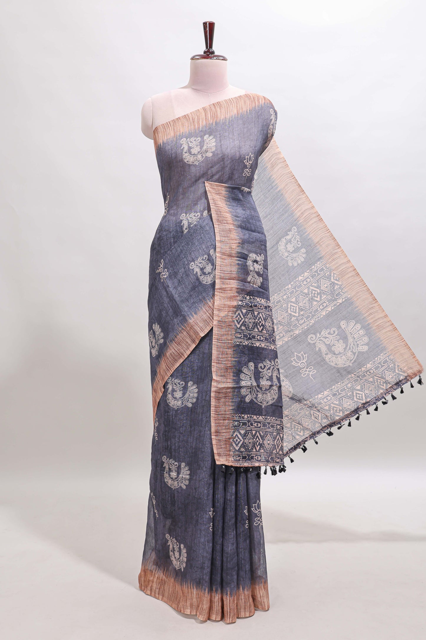 Grey peacock & floral motifs linen cotton saree with contrast border and matching blouse