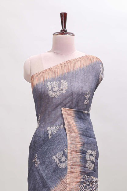 Grey peacock & floral motifs linen cotton saree with contrast border and matching blouse