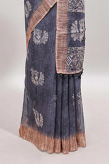 Grey peacock & floral motifs linen cotton saree with contrast border and matching blouse