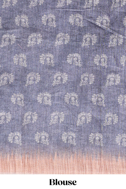 Grey peacock & floral motifs linen cotton saree with contrast border and matching blouse