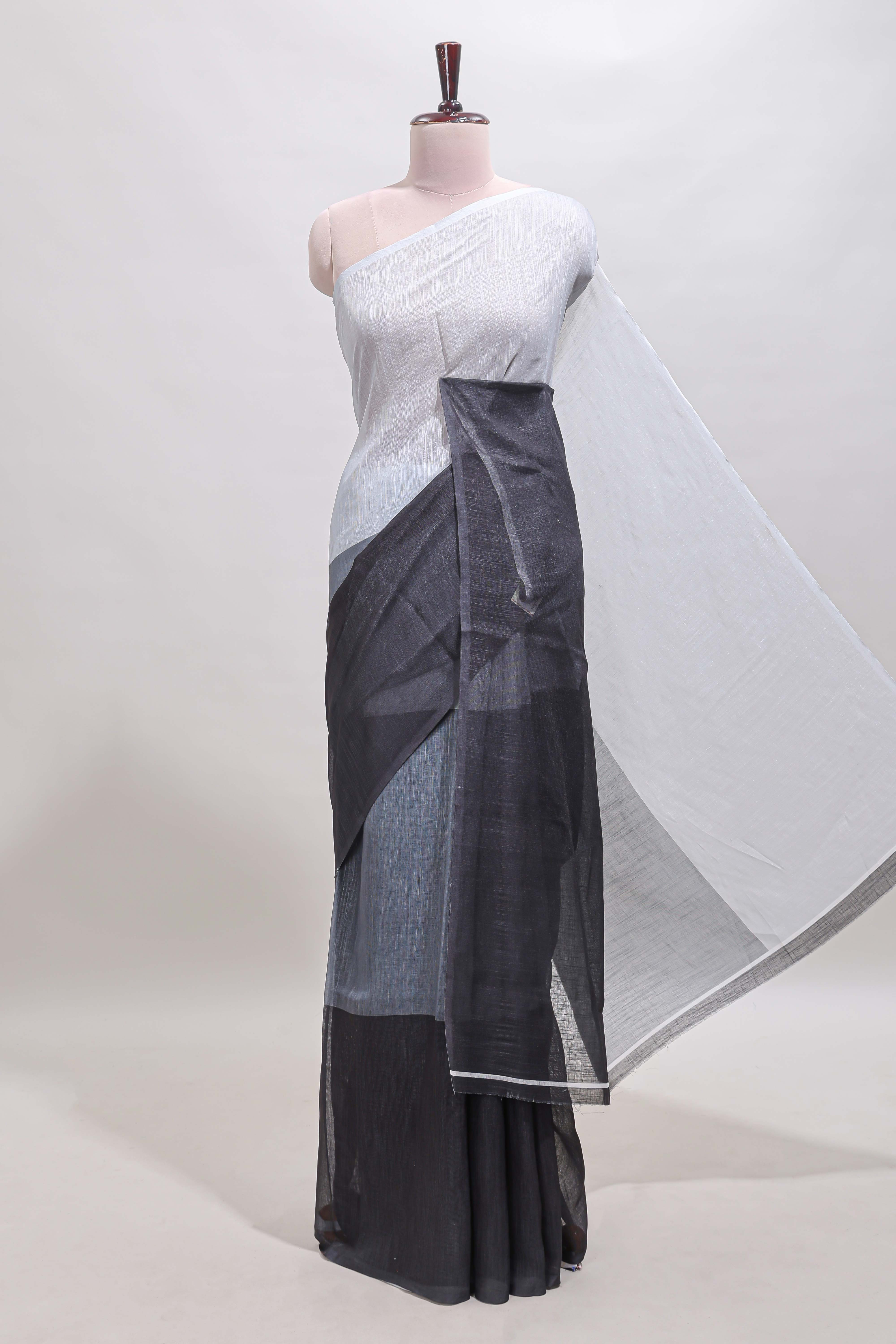 Borderless multi color dual shade plain linen cotton saree with contrast blouse