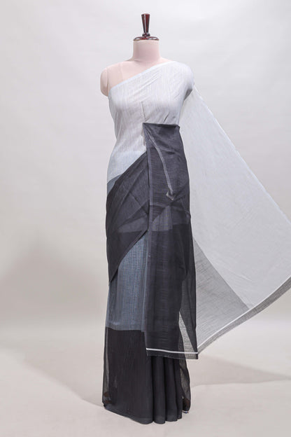Borderless multi color dual shade plain linen cotton saree with contrast blouse