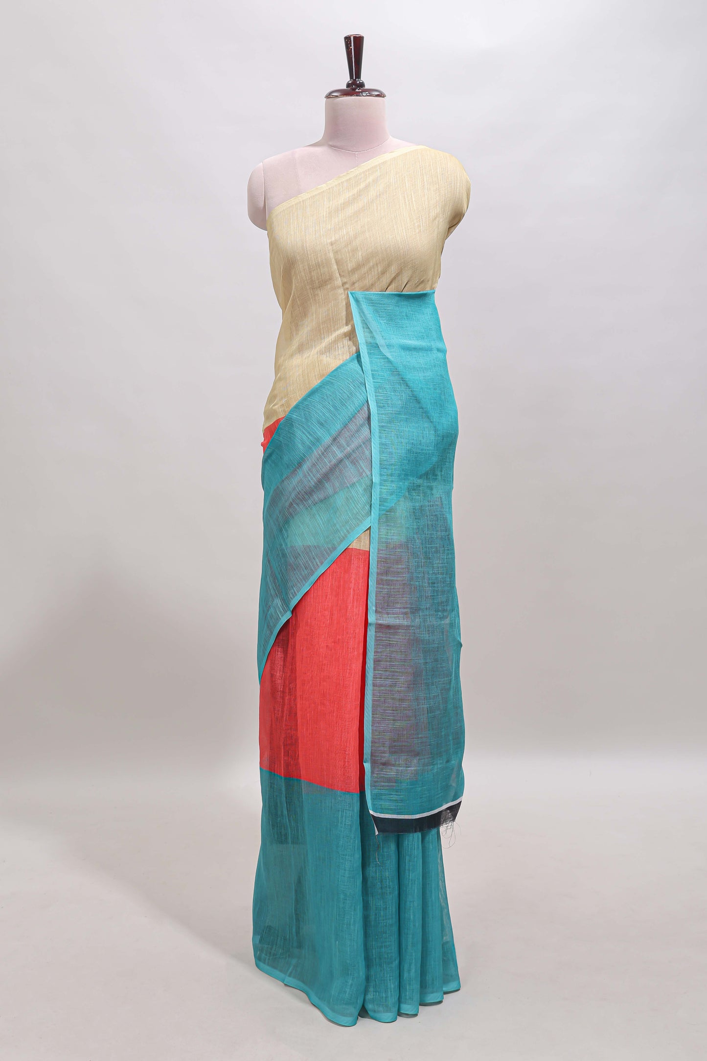Borderless multi color dual shade plain linen cotton saree with contrast blouse