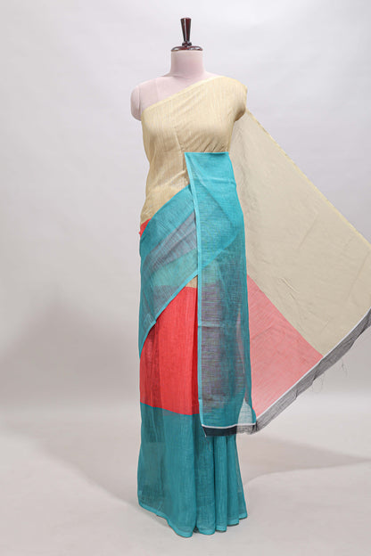 Borderless multi color dual shade plain linen cotton saree with contrast blouse