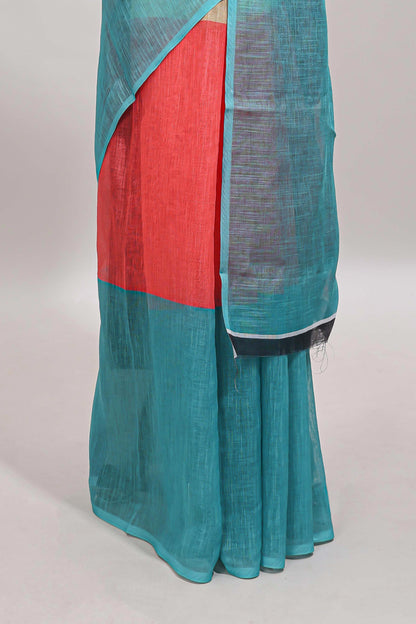Borderless multi color dual shade plain linen cotton saree with contrast blouse