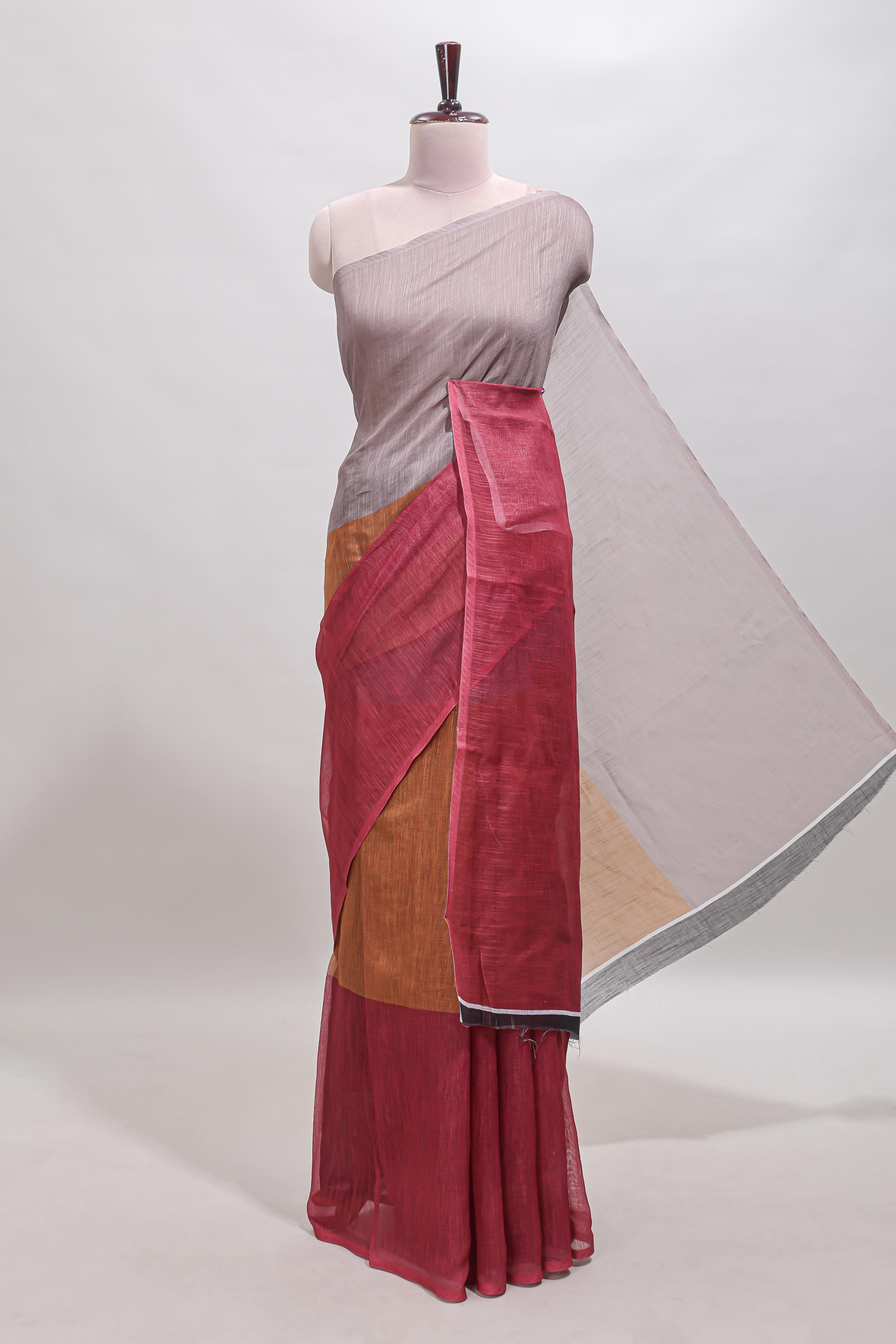 Borderless multi color dual shade plain linen cotton saree with contrast blouse