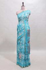 Blue floral design linen cotton saree with self zari border and matching blouse